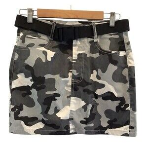 Kreamy Camouflage Mini Skirt Size L Gray Black White With Adjustable Belt